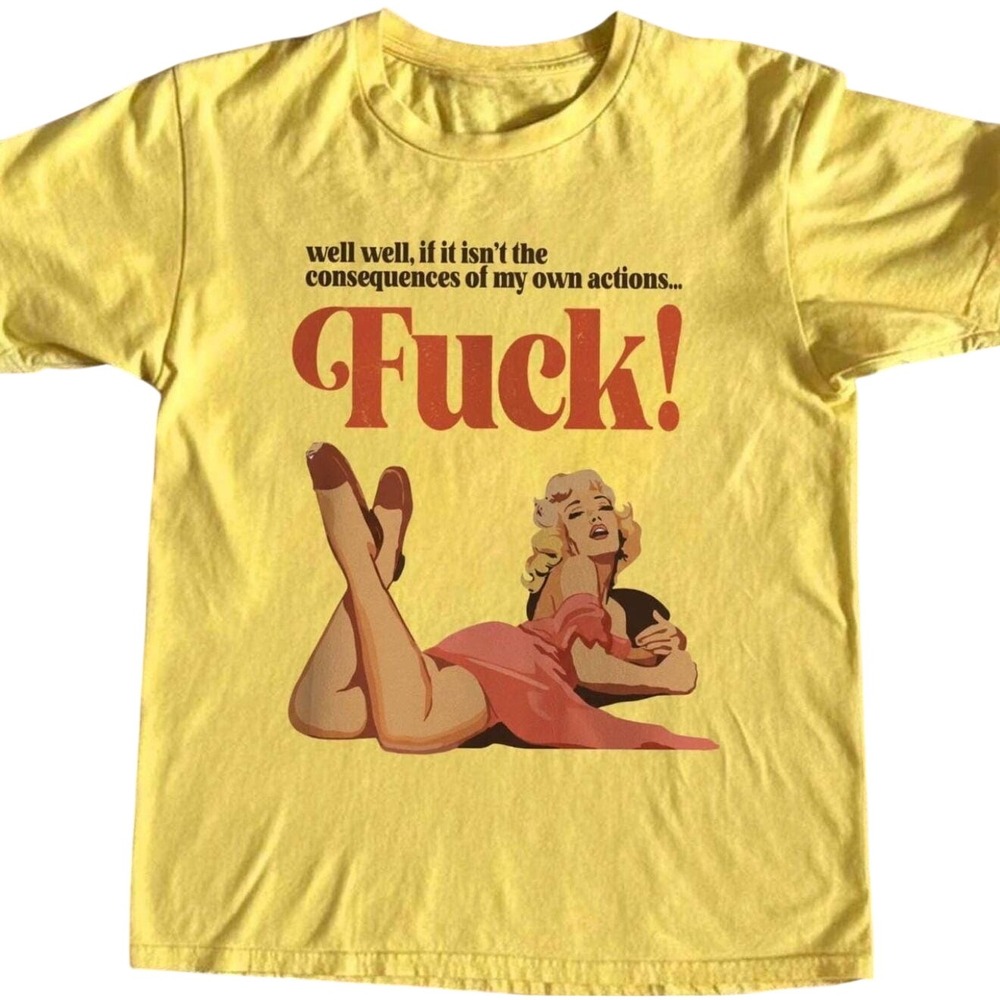 Gildan Yellow Retro Pin Up Girl Graphic Tee Consequences of My Own Actions Shirt